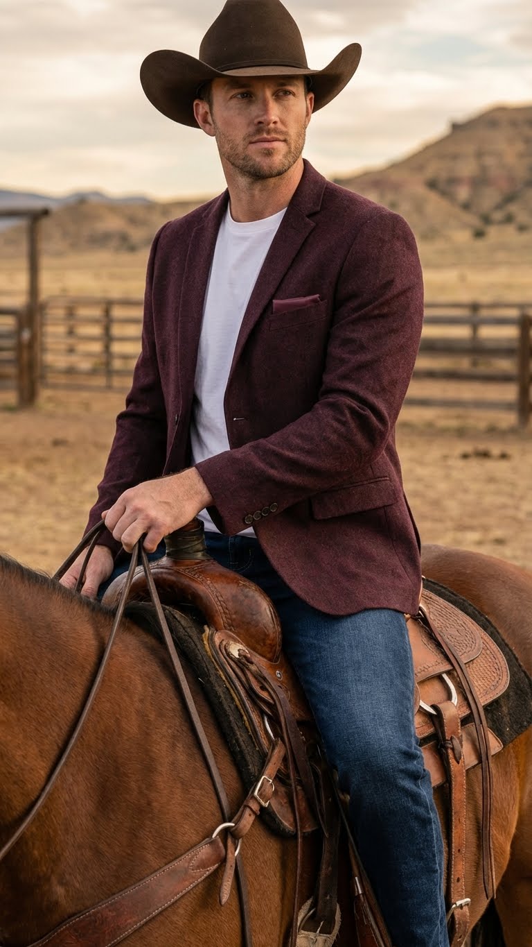 Mens Burgundy Western Blazer Jacket, Textured Cowboy Style Sport Coat for - Tweed Herringbone Maroon Color