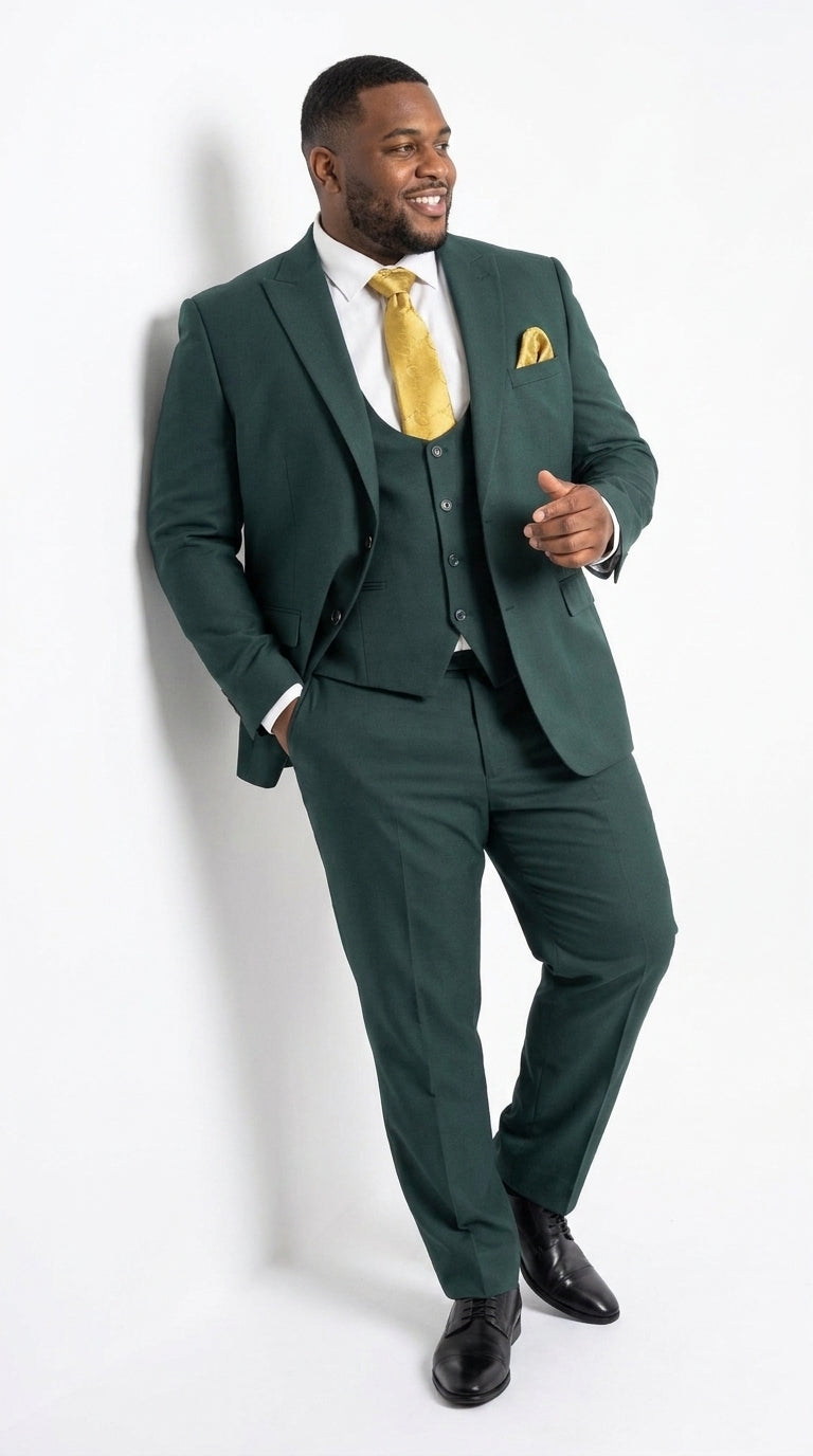 Mens Vitali 3 Piece Suit W/Scoop Vest Hunter Green 3-Piece Suit –, Big Peak Lapel Vest and Pants Modern Fit Two Buttons
