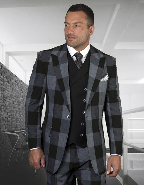 Men's black plaid double-breasted vest suit. Features a black and grey checked pattern, wide peak lapels, and a structured fit. Includes a vest, jacket, and visible white shirt sleeves. Tailored with sharp lines for a polished look.