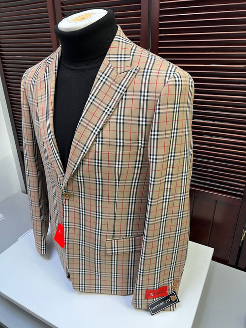 Beige checkered blazer with tan plaid, camel windowpane, and black/red accents. Tailored fit, structured lapels, single button. Sleeves with matching plaid, buttoned finish.