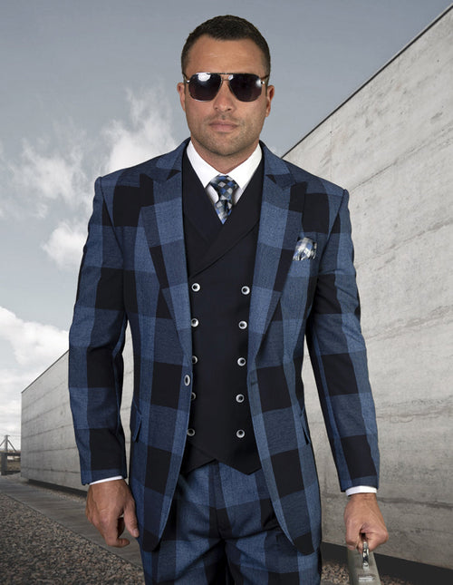 Navy plaid men's suit with a double-breasted vest and blazer. Features a navy and dark blue checkered pattern, wide peak lapels, and a modern tailored fit. Ideal for formal occasions.