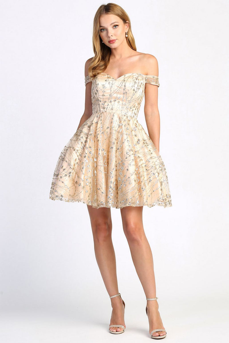 Adora Design 1023 Off Shoulder Short Glitter A-Line Cocktail Dress