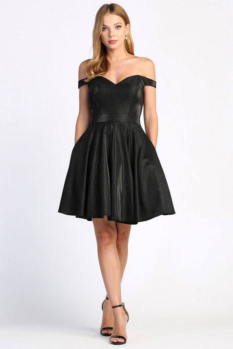 Adora Design 1025 Off Shoulder Pleated Metallic Glitter Dress
