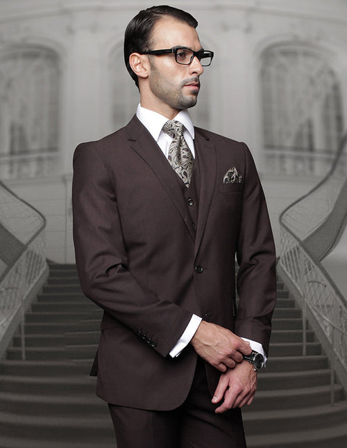 Men's Big & Tall brown, classic fit pant suit. Pleated design, structured form. Features include a 2-button jacket with notch lapel, single-breasted front. Includes matching trousers, dress shirt, and patterned tie.