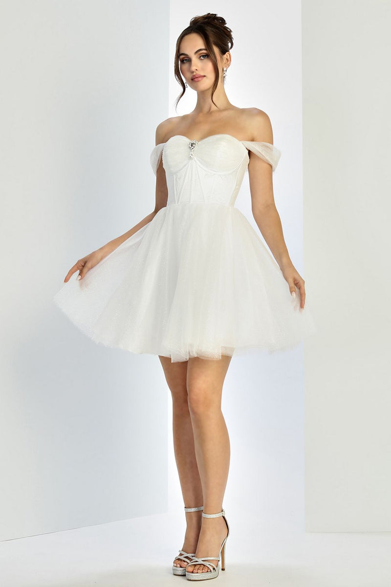 Adora Design 1060 Off Shoulder Glitter Tulle Short Bridal Dress