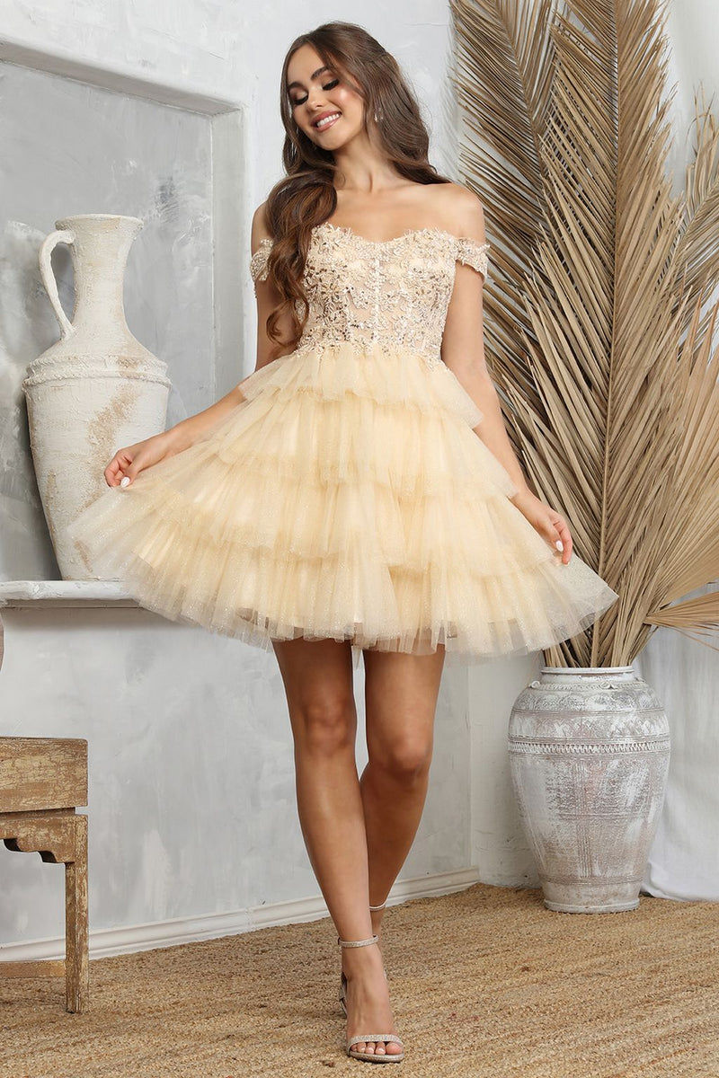 Adora Design 1061 Off Shoulder Glitter Applique Short Prom Dress