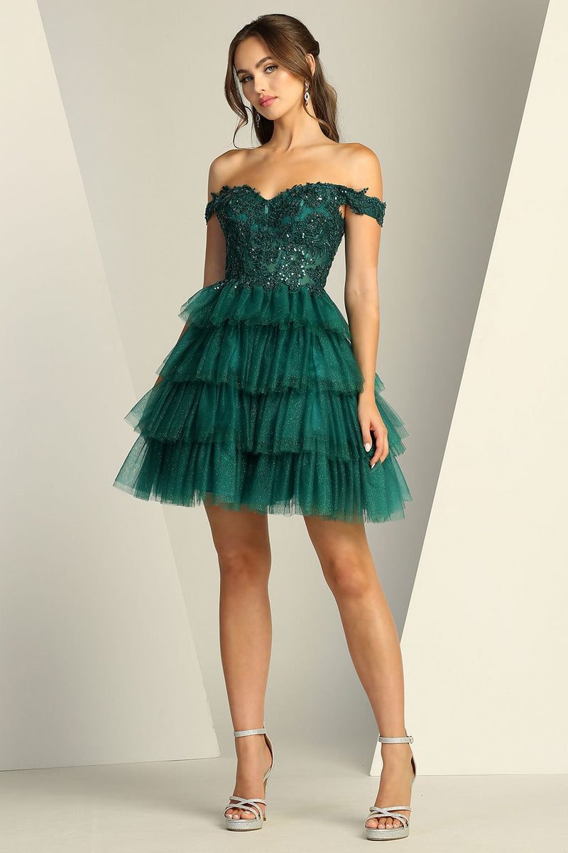 Adora Design 1061 Off Shoulder Glitter Applique Short Prom Dress