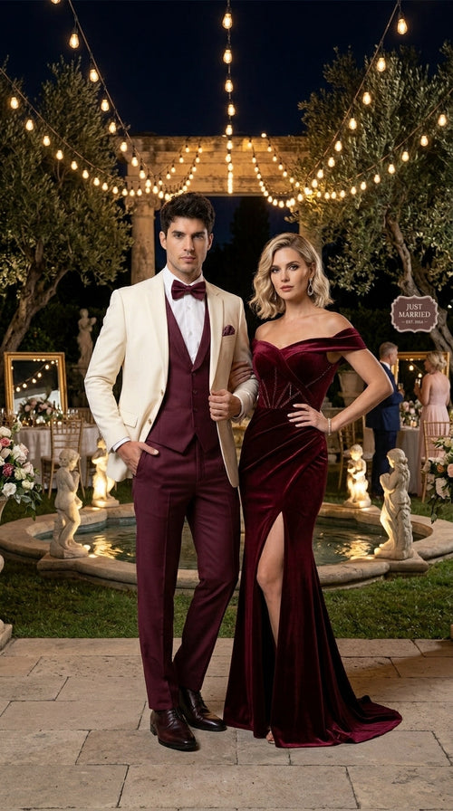 Menās Cream Ivory and Burgundy 3 Piece Tuxedo Suit, Vested Formal Wedding Prom Dinner Suit in Cream Off White Color