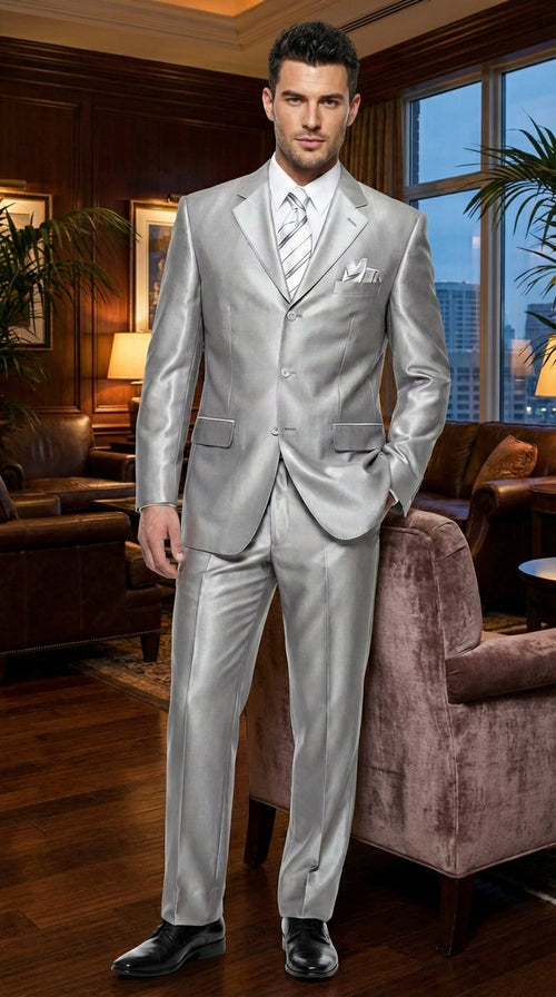 Men’s Silver Grey Sharkskin Suit – 3 Button Classic Fit Shiny Formal Suit for Wedding, Business and Party Wear