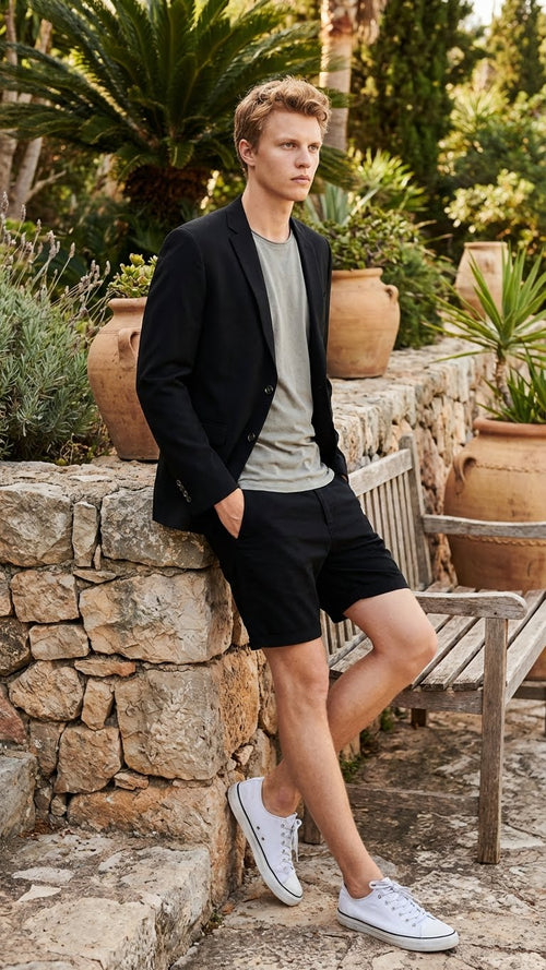 Men's black summer business suit featuring a tailored blazer and coordinating shorts. The suit is made from a lightweight fabric, composed of solid black material with a smooth finish. The blazer has a single-breasted design with two buttons and side pockets.