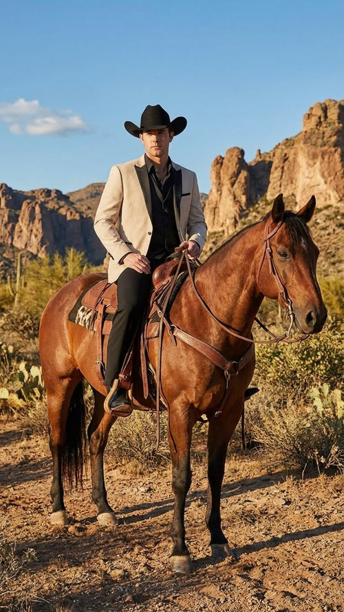 Men's Light Tan and Black Lapel Western Tuxedo Suit Set Wedding Party Cowboy Dress Tuxedo Black Pants