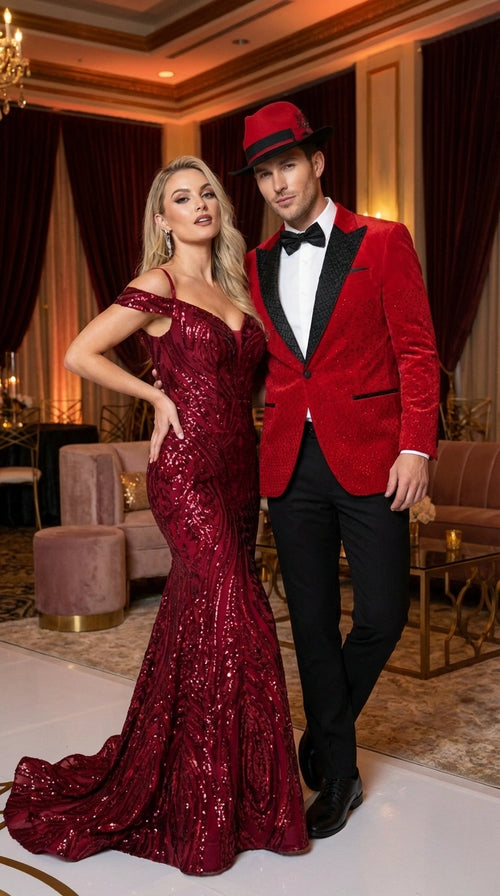 Men’s Red Velvet Fabric Rhinestone Blazer with Matching Red and Black Hat – Christmas New Year Holiday Party Jacket Set