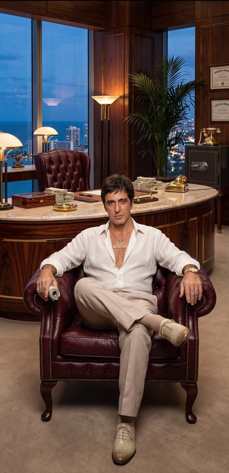 Tony Montana’s White Linen Shirt and Tan Pants – Men’s White Formal Shirt with Tan Trousers for Party, Wedding and Vintage Style Outfit
