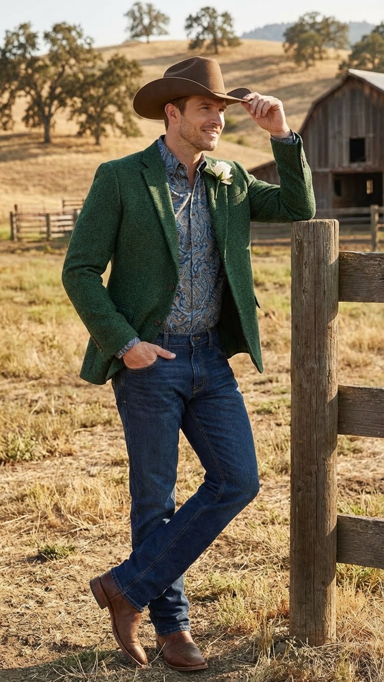 Mens Green Western Blazer Jacket – Classic Cowboy Style Sport Coat for Tweed Herringbone Country Look