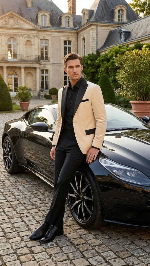 Ivory dinner jacket with cream velvet body and black satin lapel. Structured fit, classic design. A refined blazer for formal occasions.