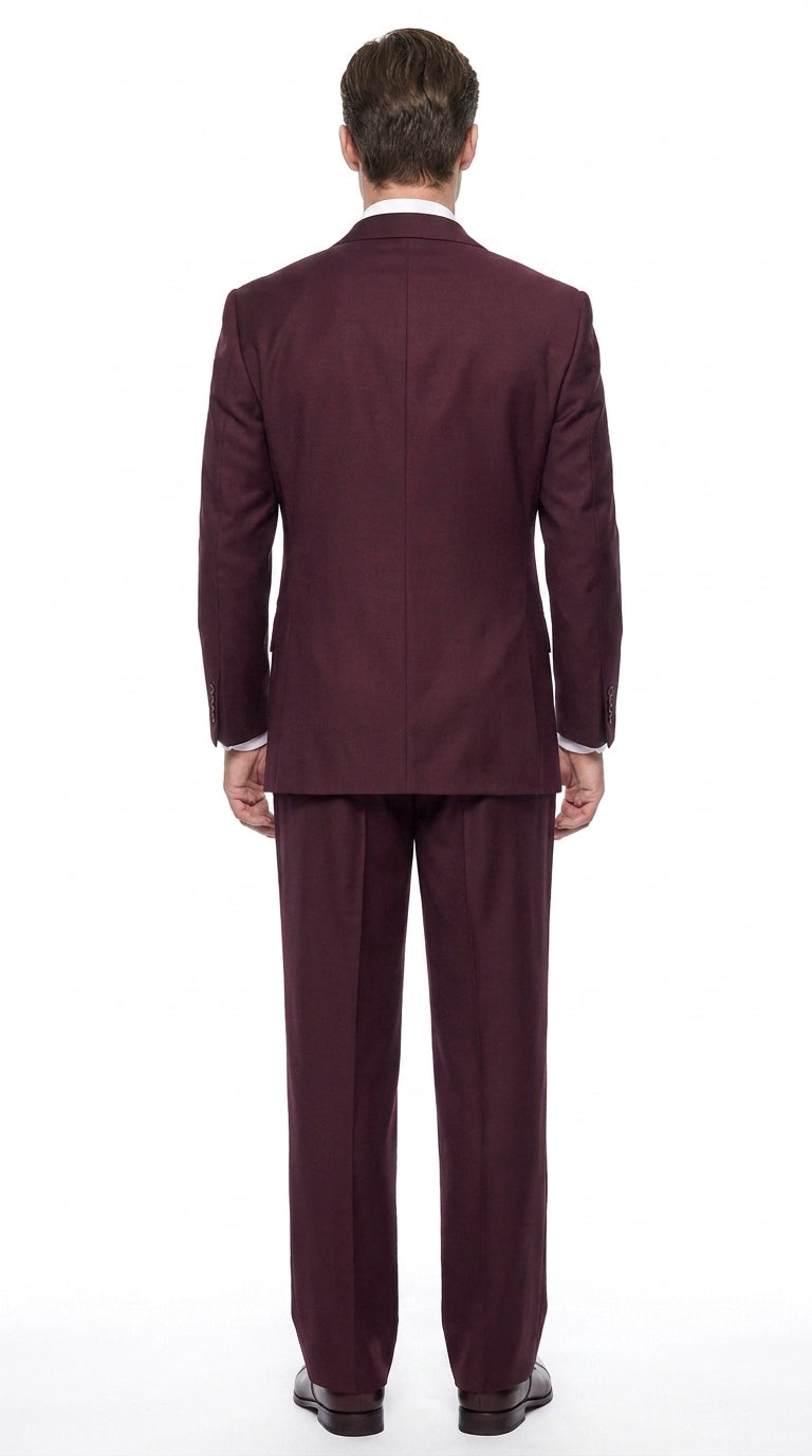 Tiglio Rosso Men’s Burgundy Wool Suit – Classic Fit Big Lapel Suit with Wide Leg Pleated Pants & Side Vents