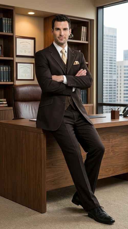 Men’s Dark choclate Brown Three Buttons 3 Piece Suit – Classic Brown 3PC Wedding, Church and Business Formal Suit for Men