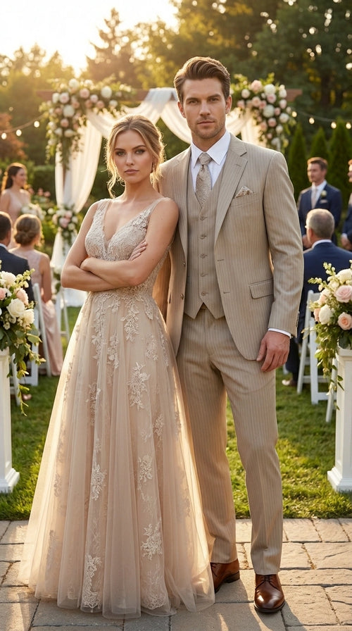 Men’s Tan Pinstripe Three Piece Suit – Classic Fit Pleated Pants Tan Sand Beige Wedding, Church Shadow Ton on Tone Business Suit for Men