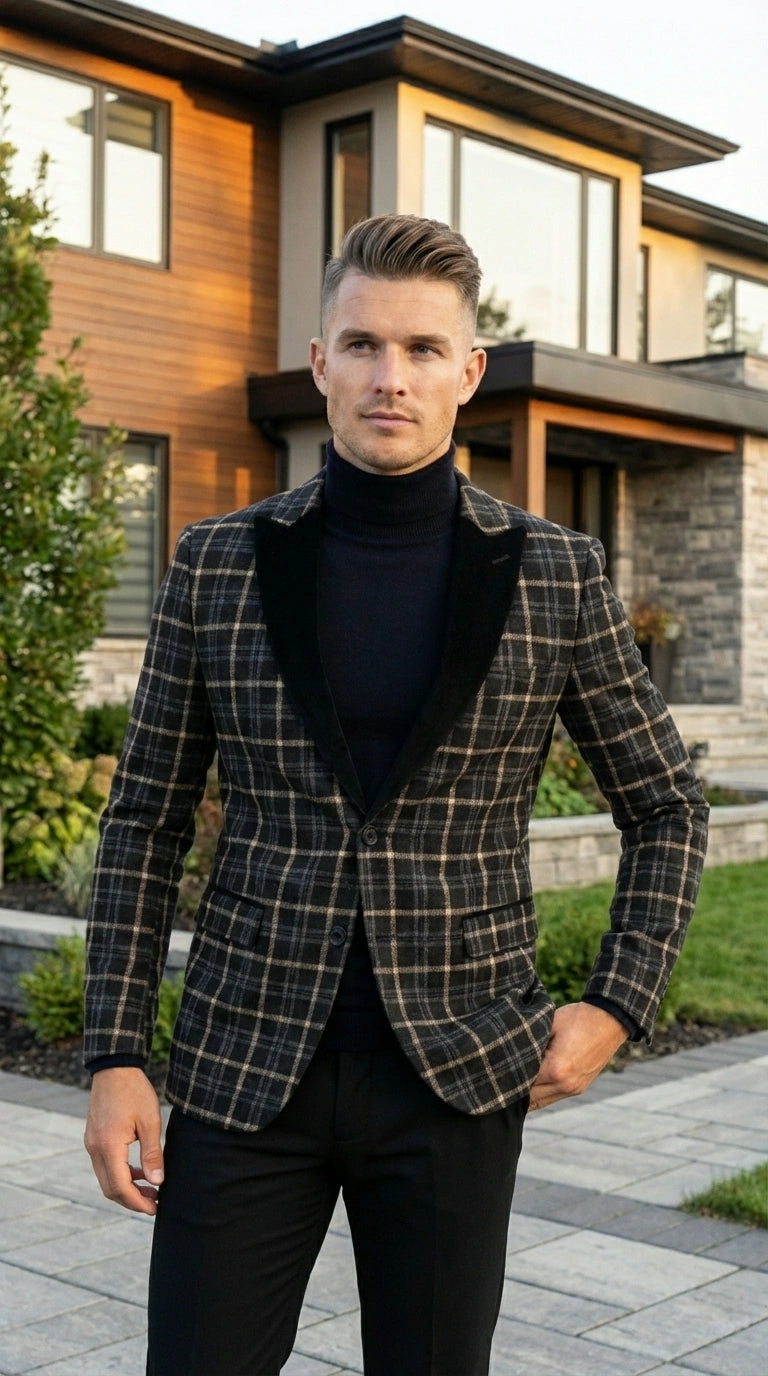Mens Tartan Black and Gold Check Blazer – Windowpane Plaid Sport Coat Velvet Lapel Formal Party Jacket Chirsitmas New Year Holiday Jacket