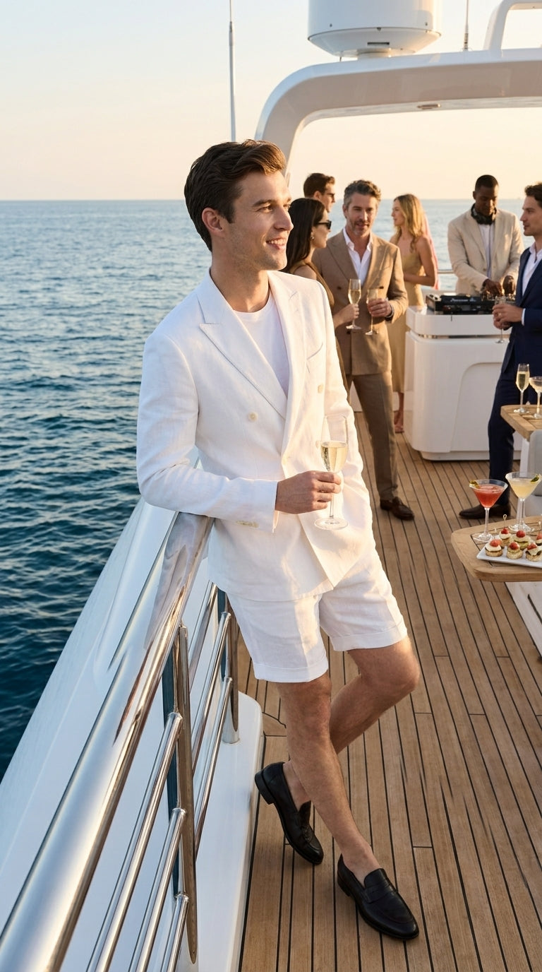 Men’s White Summer Suit with Shorts, 2 Piece Linen Style Wedding Beach Short Suit Set double breasted style