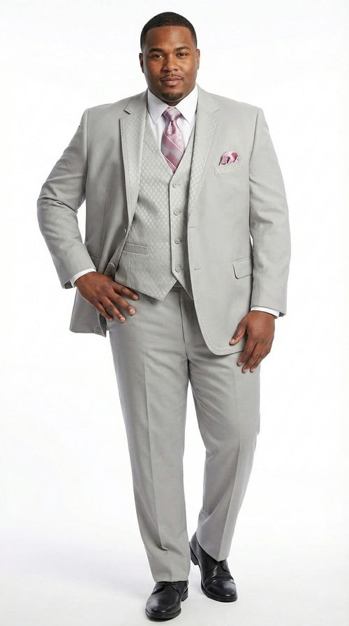 Men’s Light Gray 3 Piece Suit – Ice Silver Gray Formal Suit Set with Vest, Patterned Lapel and Tie for Wedding, Prom and Business Events
