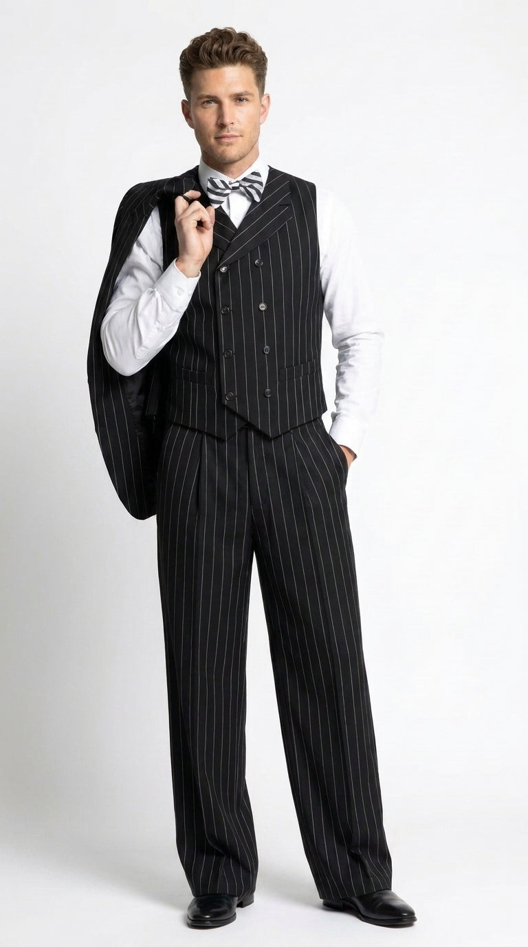 Men’s Black Pinstripe 3-Piece Suit Wool Suit – Classic Fit Single Button Suit with Wide Leg Pleated Pants By Tiglio Russo