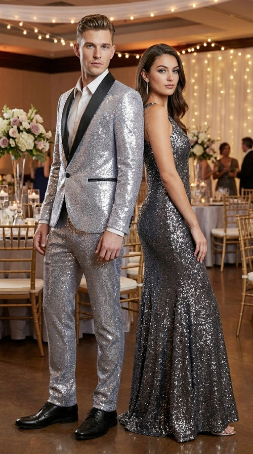 Mens Silver Grey Sequin Tuxedo Suit – Shiny Wedding Suit Set with Black Lapel for Prom, Party, Gala and Formal Evening Wear