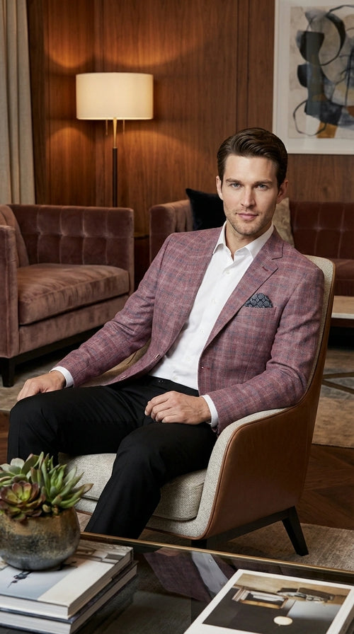 Mens Dusty Rose Mauve Pink with Tint of Blue Plaid Sport Coat Blazer ā Classic Check Pattern Casual Blazer Jacket for Business Casual, Wedding