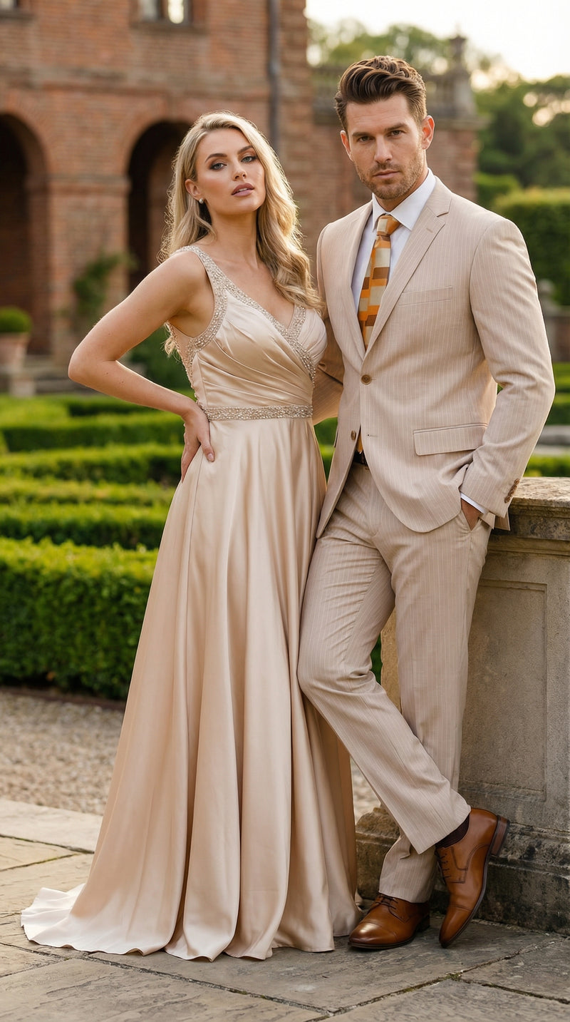 Vitali Men’s Natural Beige Pinstripe Suit – Summer Tan Pinstripe Weddings and Business Wear