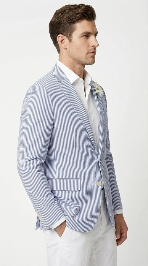 Mens Blue Seersucker Blazer – Lightweight Striped Summer Sport Coat Casual Smart Formal Jacket