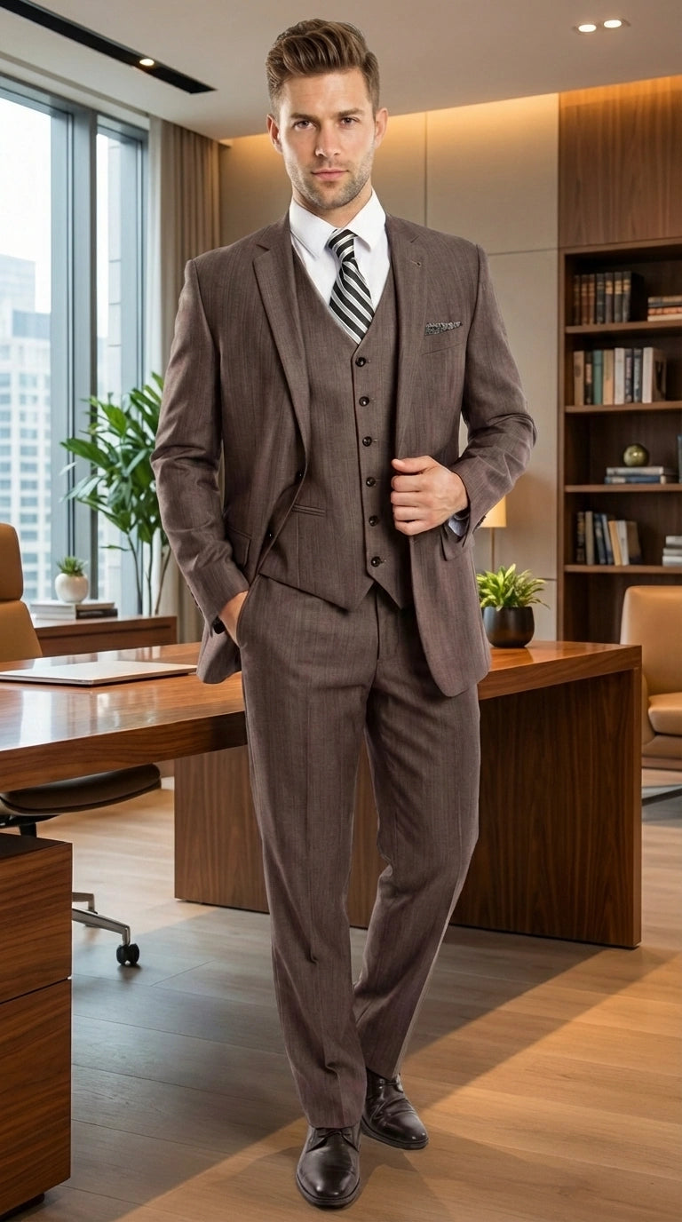 Men’s Brown Sharkskin 3 Piece Suit – Textured Two Button Vested Business Formal Suit for Wedding, Party Wear Vested
