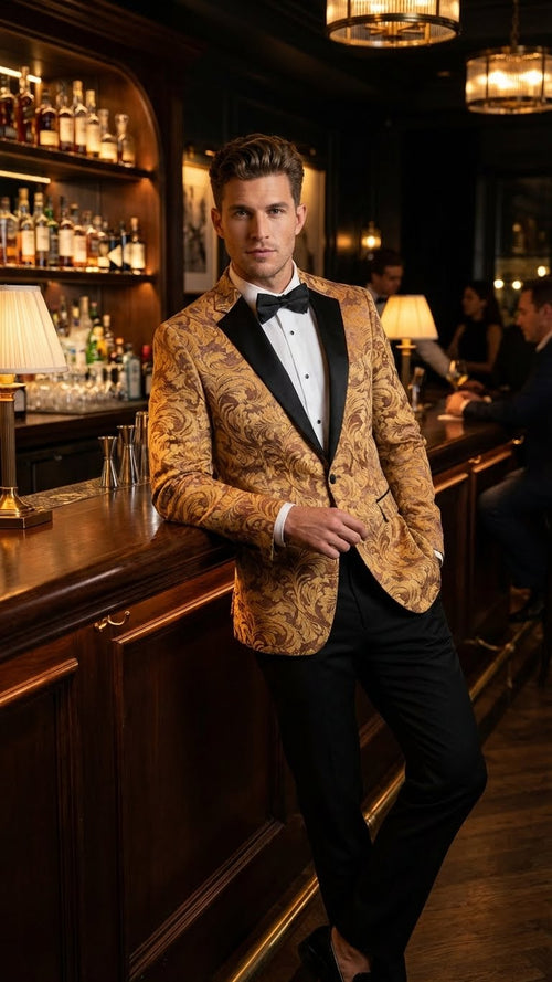 Yellow gold tuxedo blazer with baroque pattern, structured fabric, black satin shawl collar. Includes matching black trousers. Sophisticated formal wear.