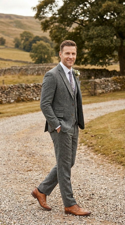 Men’s Peaky Blinder Light Grey Tweed Suit with Vest – Classic Three Piece Formal Suit, Vintage Wedding Business Outfit