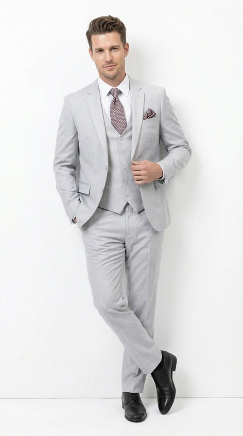Men’s Light Grey Sharkskin 3 Piece Suit – Two Button Vested Modern Formal Business Suit for Wedding in silver Ice Gray