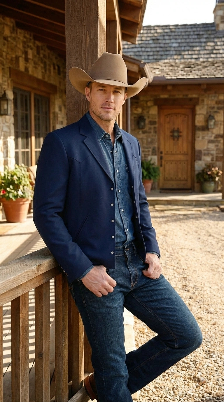 Mens Navy Blue Western Blazer Set – Cowboy Style Jacket and Pants Outfit Classic Country Western Blazer