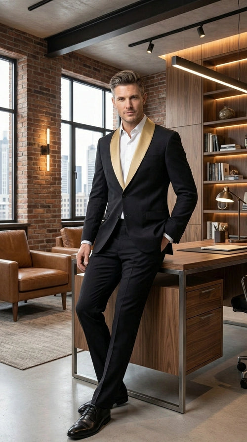 Men’s Black Suit with Gold Lapel – Luxury Formal Tuxedo Style Suit for Wedding, Prom, Party and Evening Wear