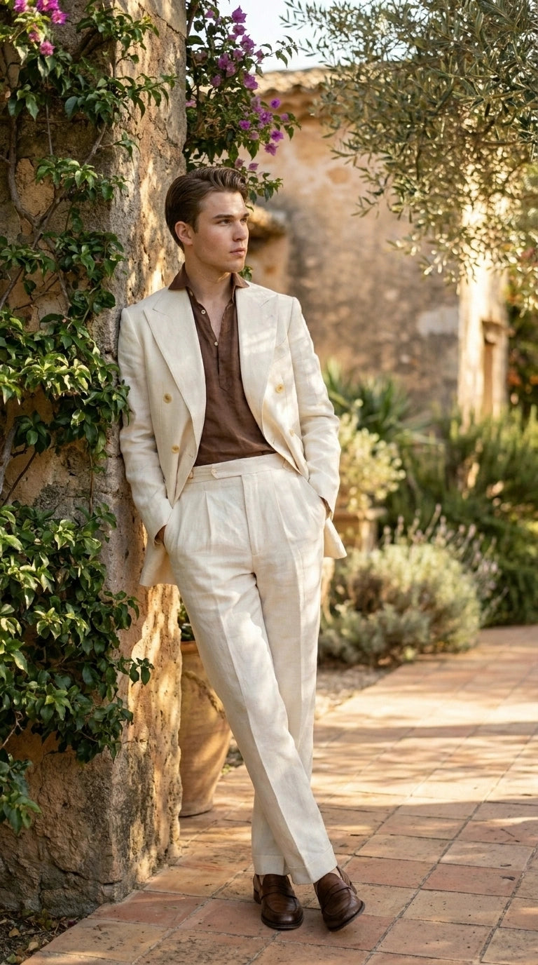 Men’s Off White 70s Style Double Breasted Suit – Vintage Retro Wide Lapel Classic Outfit for Party, Wedding and Casual Fashion Wear