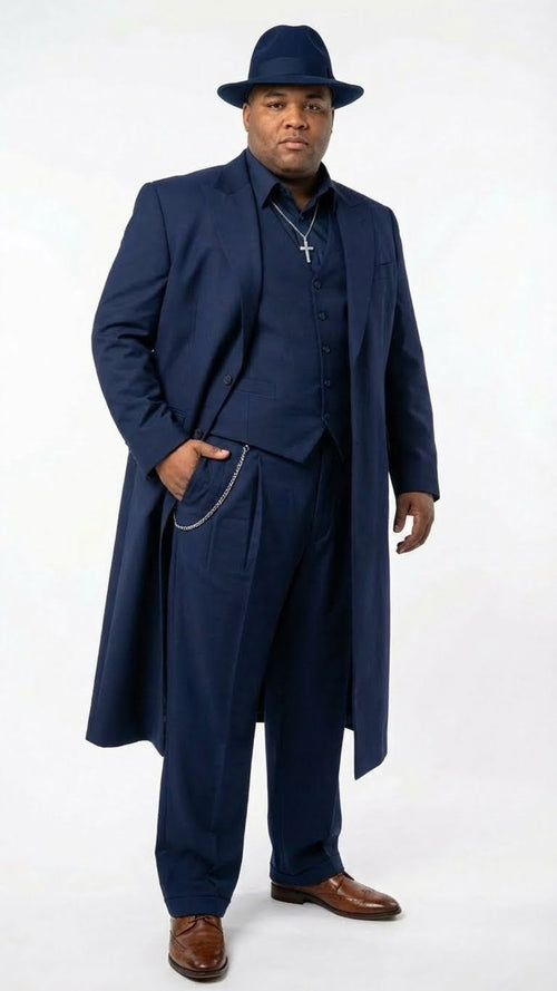 Navy blue 1920s men's zoot suit: long tailored coat, wide lapels, form-fitting vest, high-waisted loose pleated trousers, and matching hat.