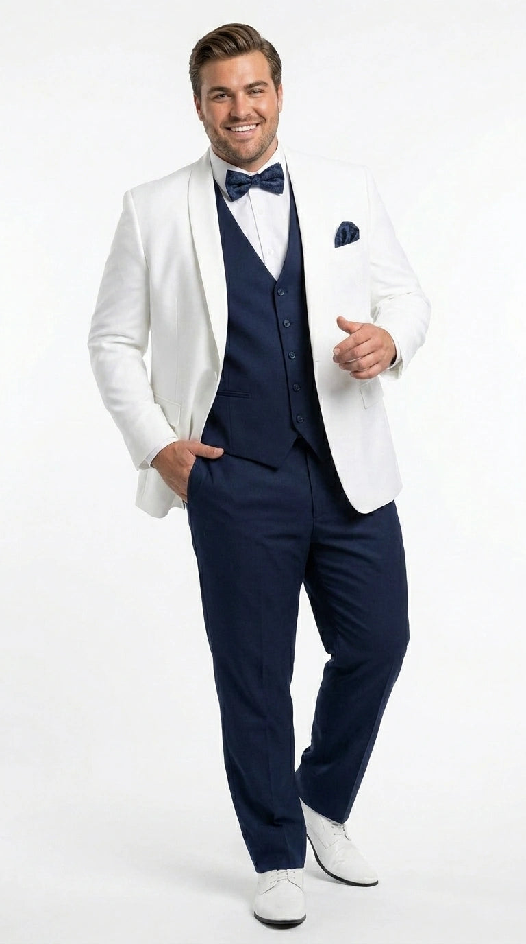 Men’s White and Navy blue tuxedo 3 Piece Suit – Classic White Blazer with Navy Vest and Pants for Wedding, Party + Bowtie