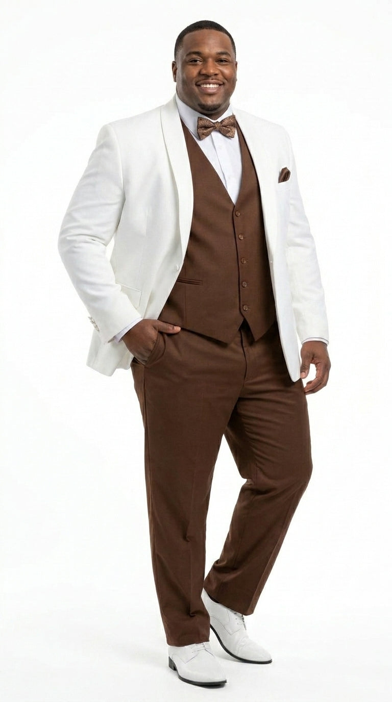 Men’s Ivory and Brown 3 Piece Suit – Elegant White Blazer with Brown Vest and Trousers for Wedding, Prom and Formal Events in off White Cream + Bowtie