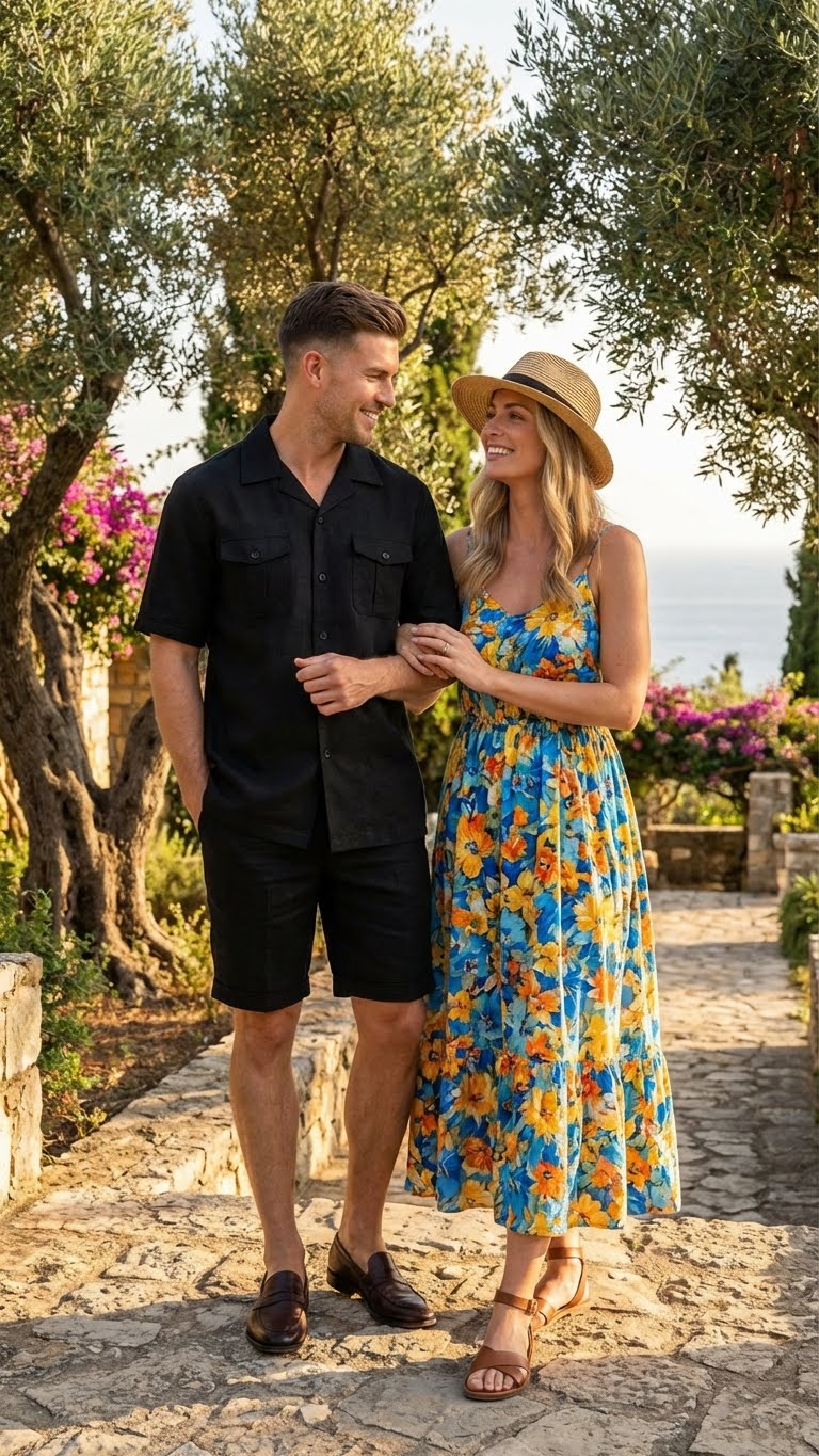Men's black walking suit featuring a short-sleeved, button-up shirt with two chest pockets, accompanied by matching knee-length shorts. The material appears lightweight and may be fabric-based, uniform in its black color without patterns or embellishments.