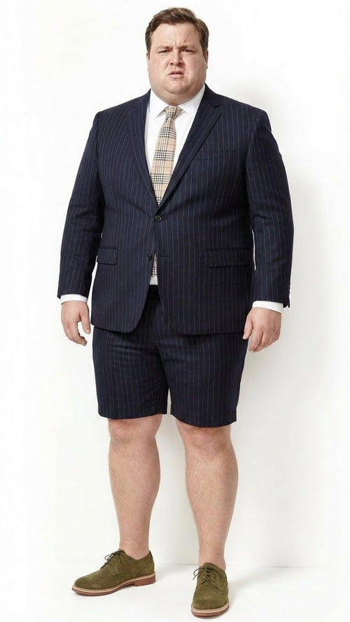 Men’s dark navy blue pinstripe suit features a blazer with a single button closure and notched lapels, paired with matching shorts. The fabric appears smooth, with vertical pinstripes.