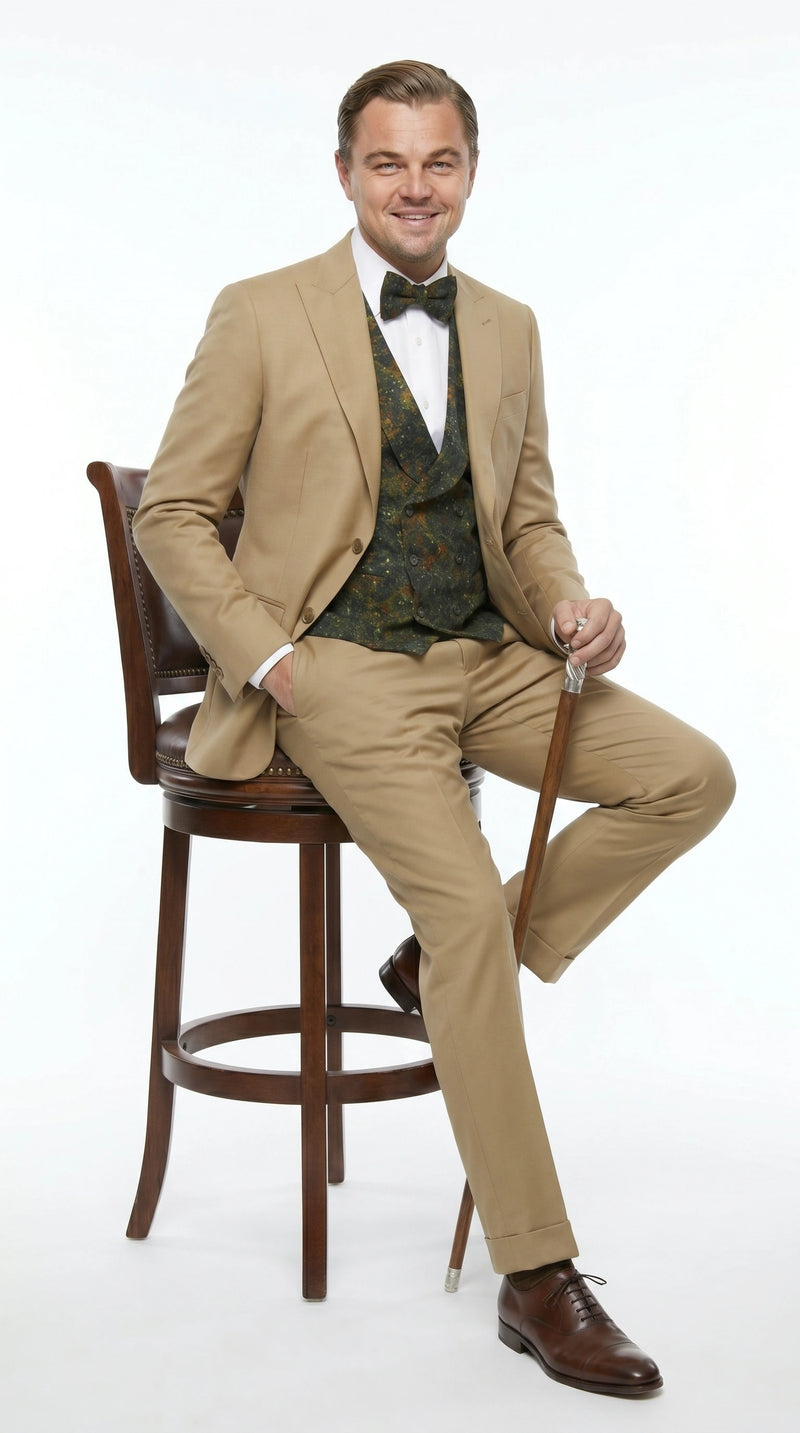 Men’s Khaki 3 Piece Suit with Patterned Vest, Great Gatsby Inspired Formal Suit for Weddings, Mardi Gra in Tan Camel Color