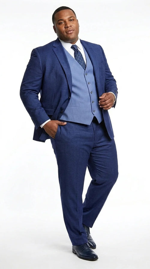 Vitalli Men’s Navy Blue 3 Piece Suit with Light Blue Vest, Textured Formal Dress Suit for Weddings, Prom, Business Events, and Parties