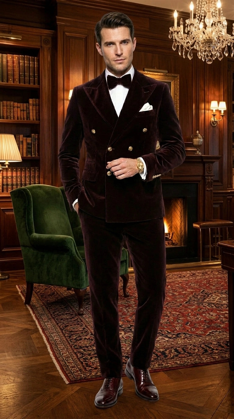Men’s Dark Brown Velvet Blazer and Pants 2 Piece Suit, Double Breasted Formal Dinner Suit for Weddings, Prom