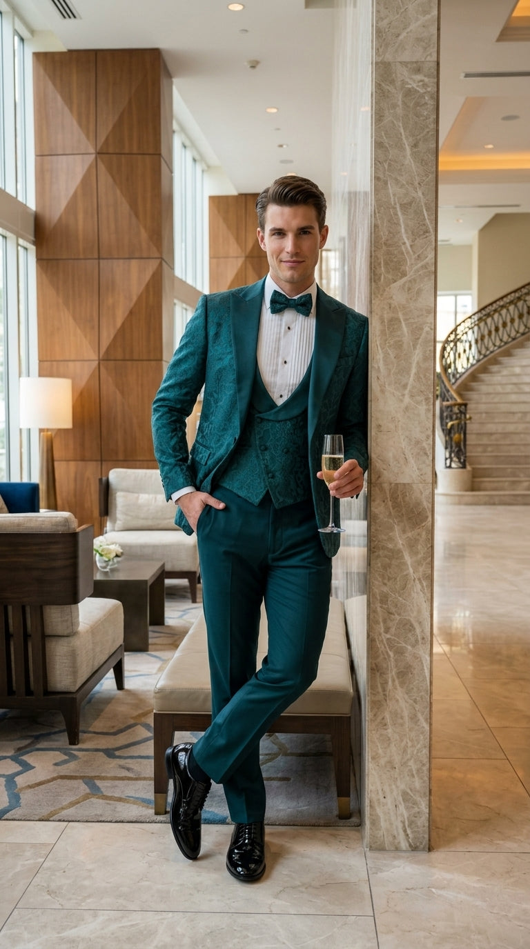 Men’s Hunter Green Paisley Tuxedo – 3 Piece Prom & Wedding Suit with Matching Bow Tie