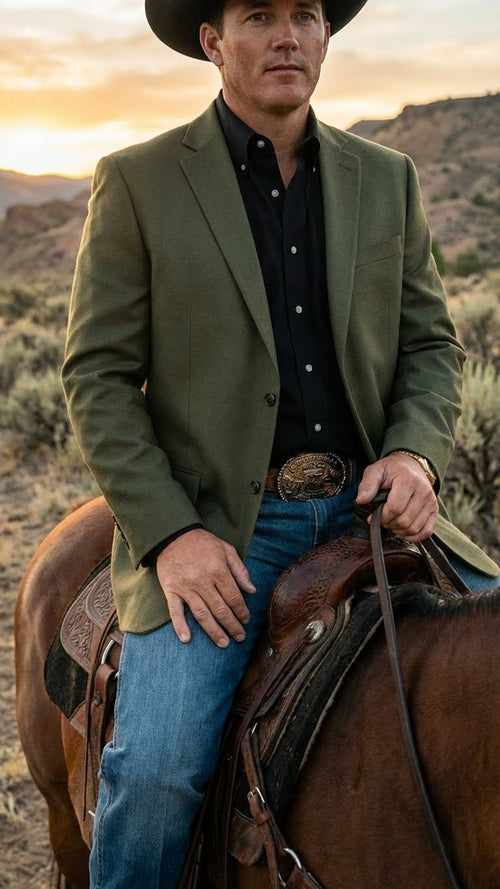 Mens Olive Green Western Blazer Jacket, Classic Cowboy Style Sport Coat for Casual Formal Wear with Jeans