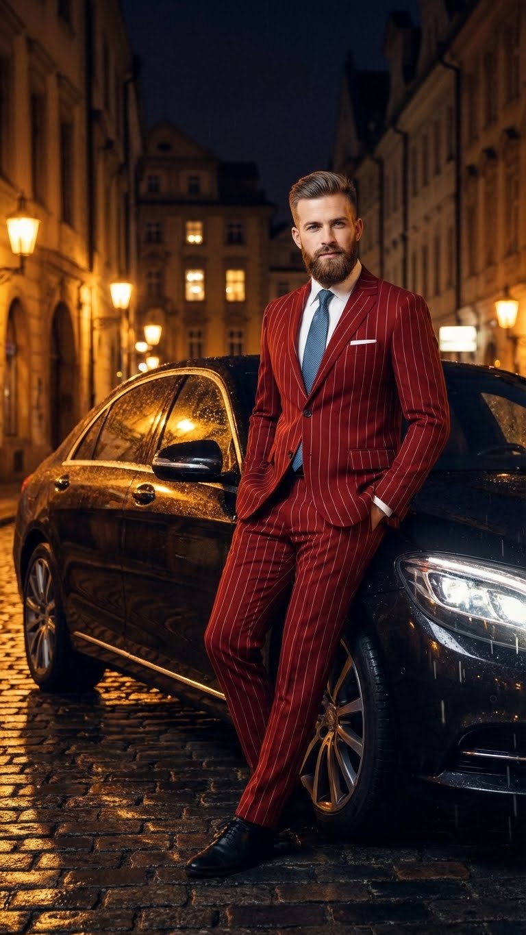 Men's red pinstripe suit with a two-button closure and vest. Smooth fabric, vertical stripes, and a tailored fit. Includes matching pants and vest.