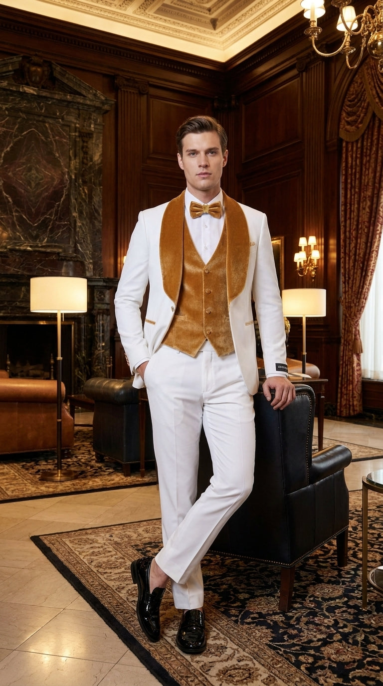 Men's White & Gold Tuxedo – Velvet Shawl Lapel 3 Piece Wedding & Prom Suit