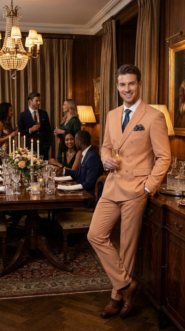 Men’s Peach Double Breasted Suit – Wedding & Prom Formal Suit Set, Classic Blazer and Pants Slim Fitted